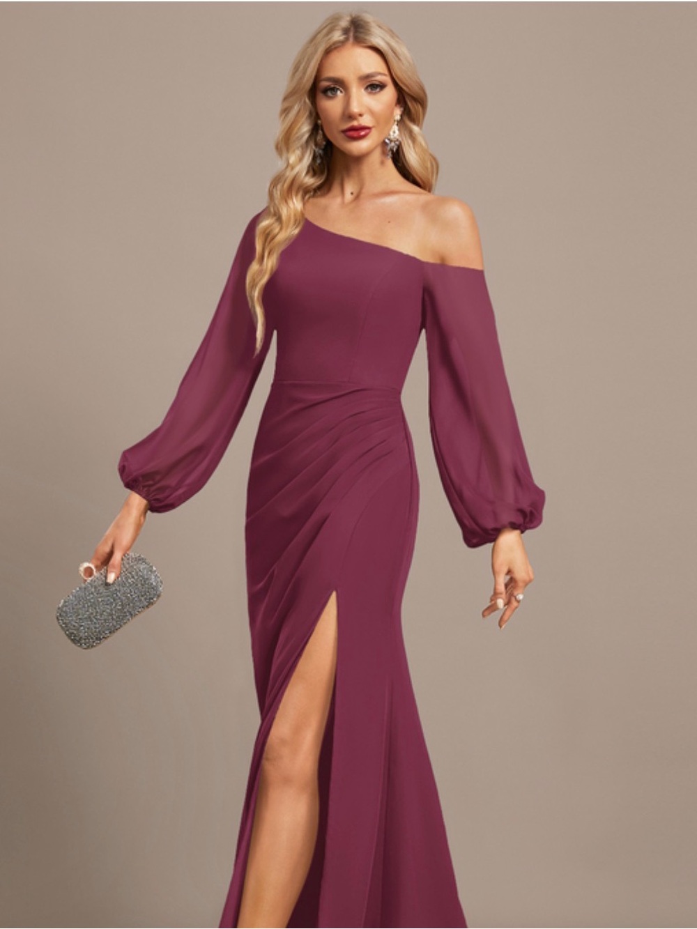 Elegant One-Shoulder Long Sleeve Burgundy Evening Dress - BRAND NEW!!!